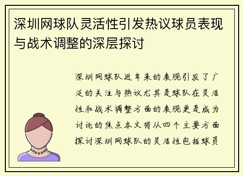 深圳网球队灵活性引发热议球员表现与战术调整的深层探讨